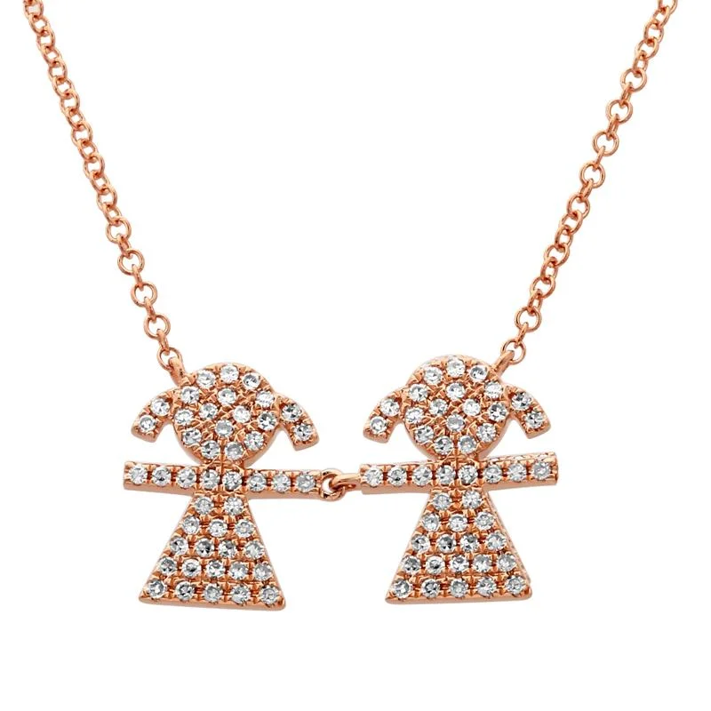 Fashion Necklaces-14K Rose Gold Diamond Double Girl (Children) Necklace