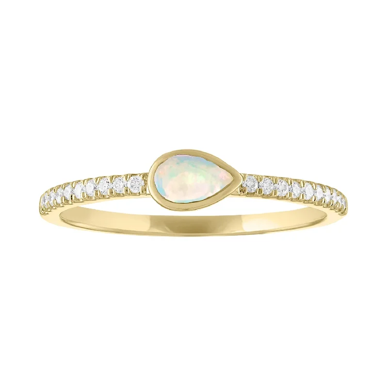 Luxury Sapphire Rings-My Story "The Lizzo" Pear Shaped Bezel Set Opal Ring with Diamonds