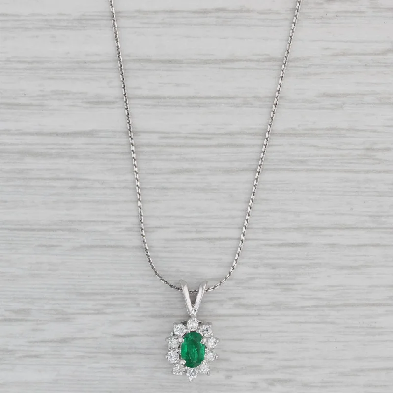 Fashion Chain Necklaces-0.70ctw Emerald Diamond Pedant Necklace 14k White Gold 17.75" Serpentine Chain