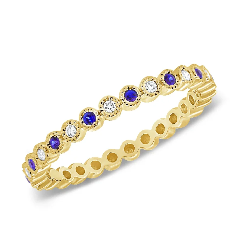 Wide Band Rings-Sapphire and Diamond Milgrain Eternity Ring in 14K Gold