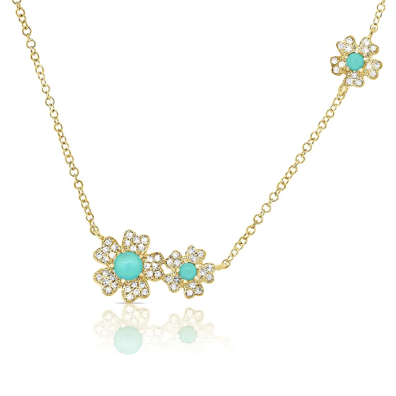 Abstract Necklaces-14K Yellow Gold Diamond + Turquoise Flower Necklace