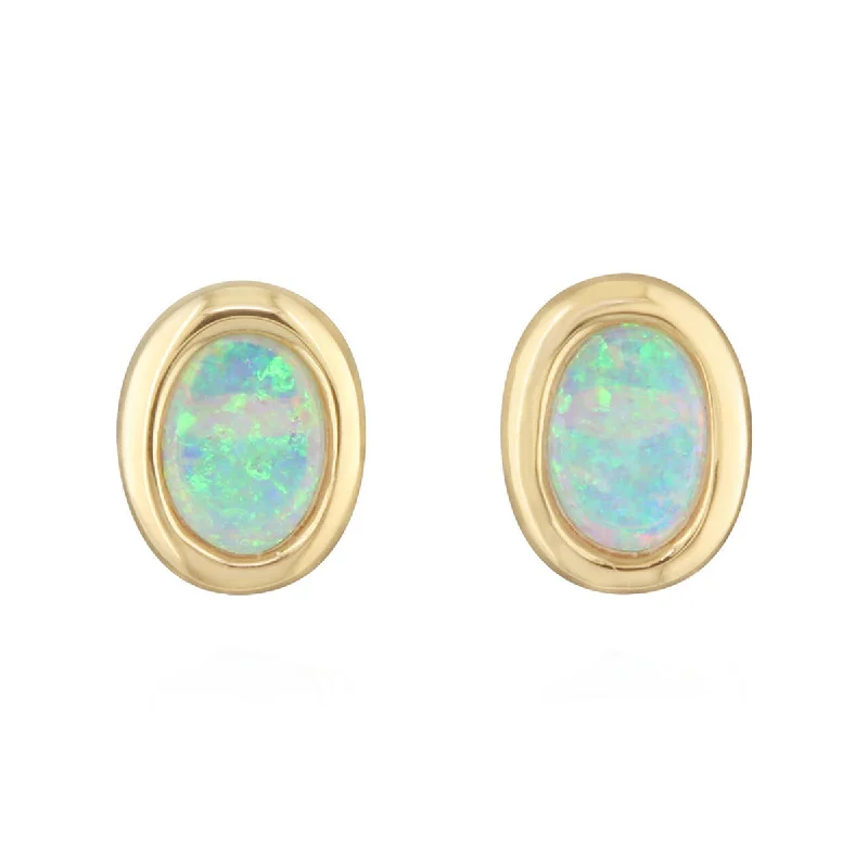 Wire Earrings-14K Yellow Gold Oval Australian Opal Stud Earrings