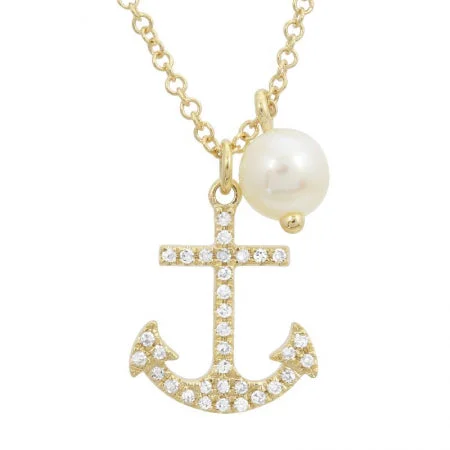 Heart Pendant Necklaces-14k Yellow Gold Diamond Anchor & Pearl Pendant With Chain