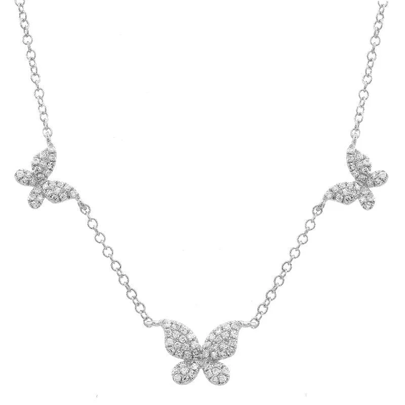 Emerald Necklaces-14K White Gold Triple Butterfly Diamond Necklace