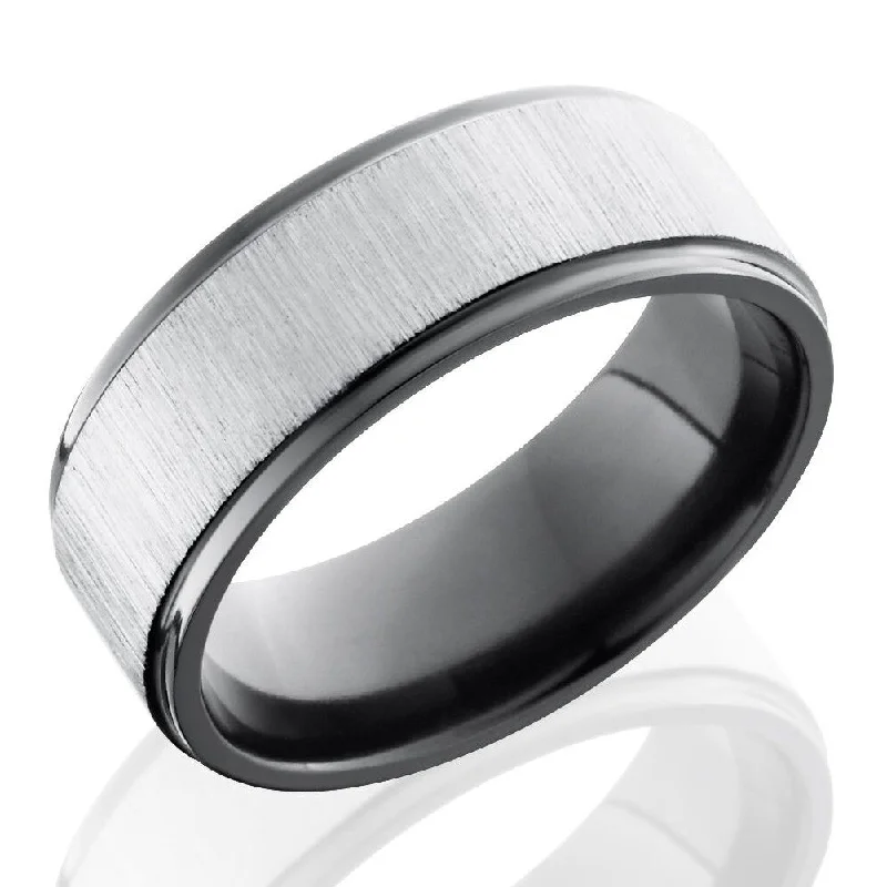 Eternity Rings-Lashbrook 8mm Black Zirconium Flat Men's Wedding Band Ring with Grooved Edges