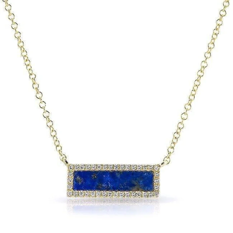 Vintage Silver Necklaces-14K Yellow Gold Lapis Rectangle Necklace