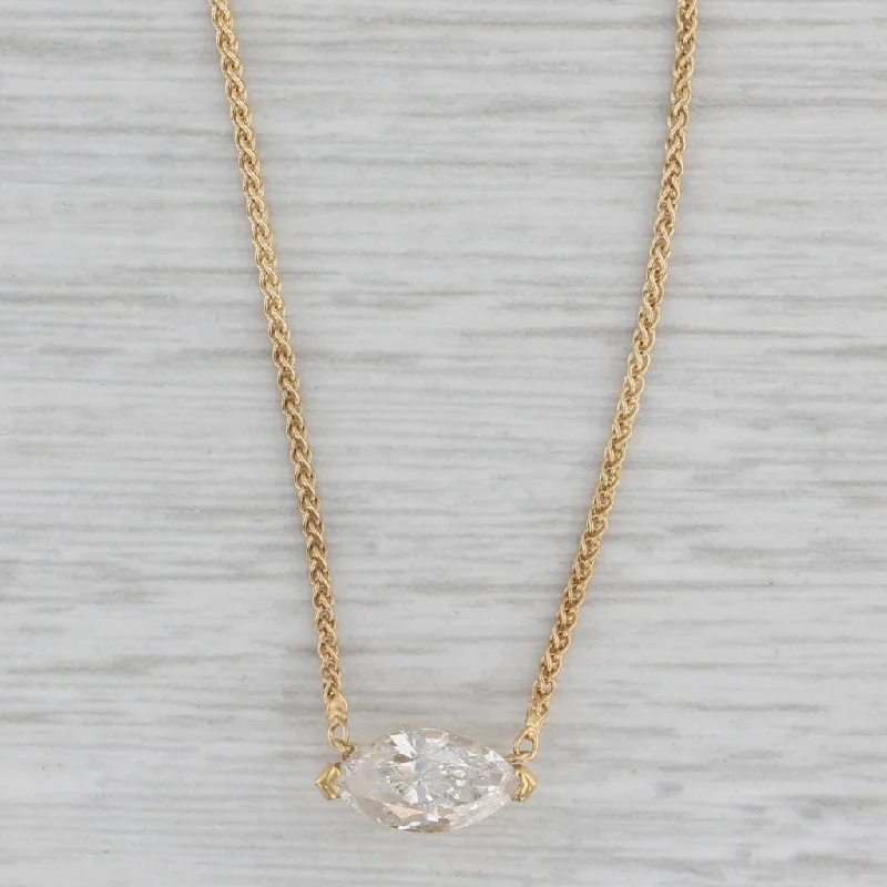 Engraved Gold Necklaces-New 0.94ct Marquise Diamond Necklace 14k Yellow Gold 16.25" Wheat Chain