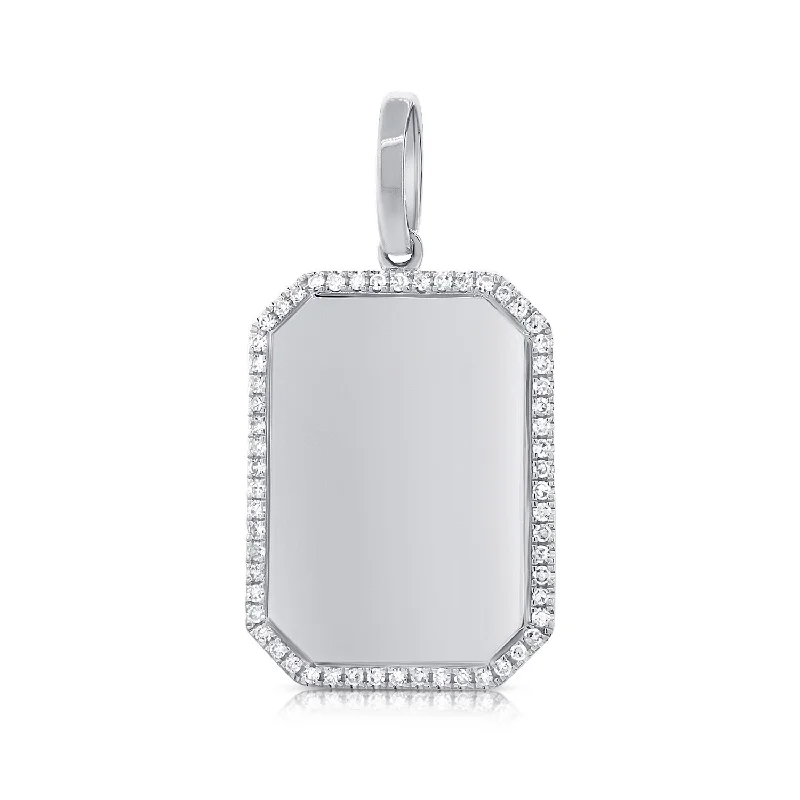 Vintage Silver Necklaces-14K White Gold Diamond Border Polished Charm Pendant-Engraveable