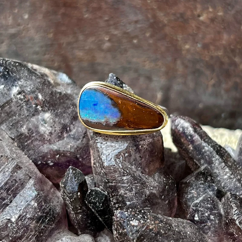 Engagement Ring with Halo-Boulder Opal with Sterling Band  and 18 K Bezel Ring.