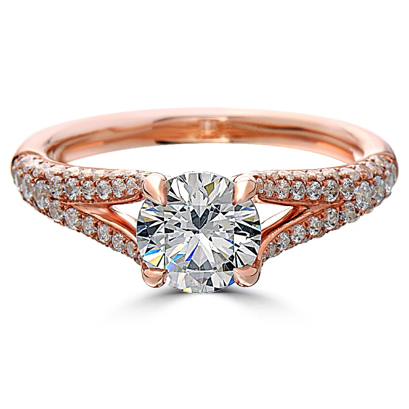 Gemstone Rings-Point of Love Round Brilliant 1 Carat Diamond Split Shank 18K Rose Gold Engagement Ring