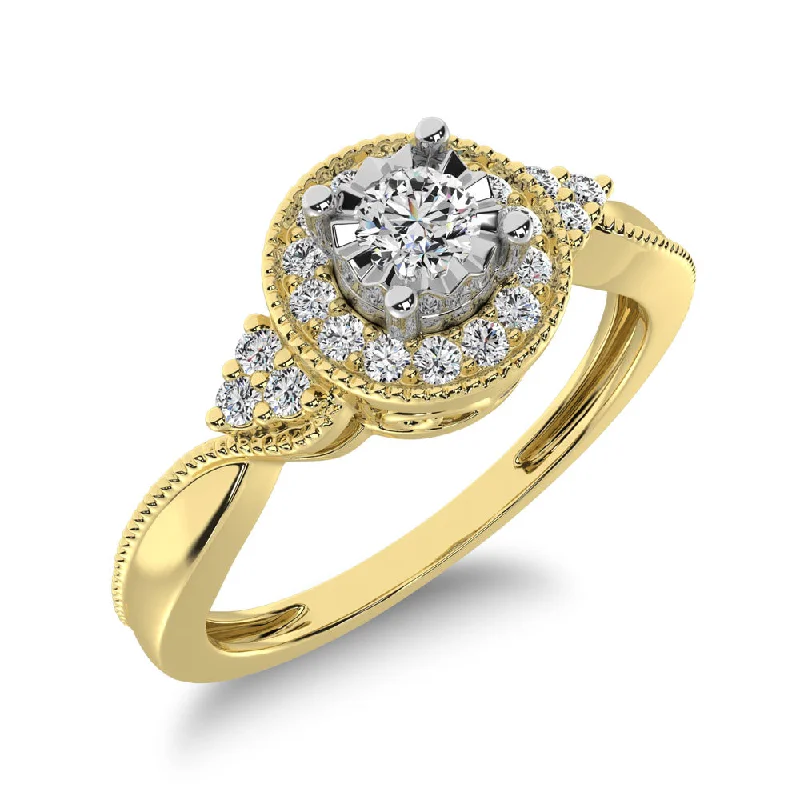 Modern Wedding Rings-10K Yellow Gold Diamond 1/5 Ct.Tw. Milgrain detail Halo Engagement Ring