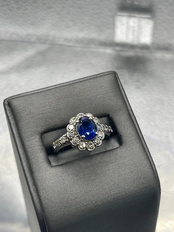 Cushion Cut Rings-Ladies 14 Karat White Gold Oval Sapphire & Diamond Cocktail Ring