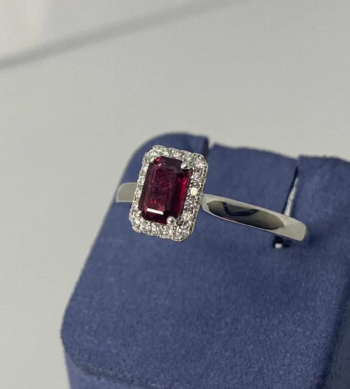 Crystal Rings-White Gold Emerald Cut Natural Ruby and Diamond Ring