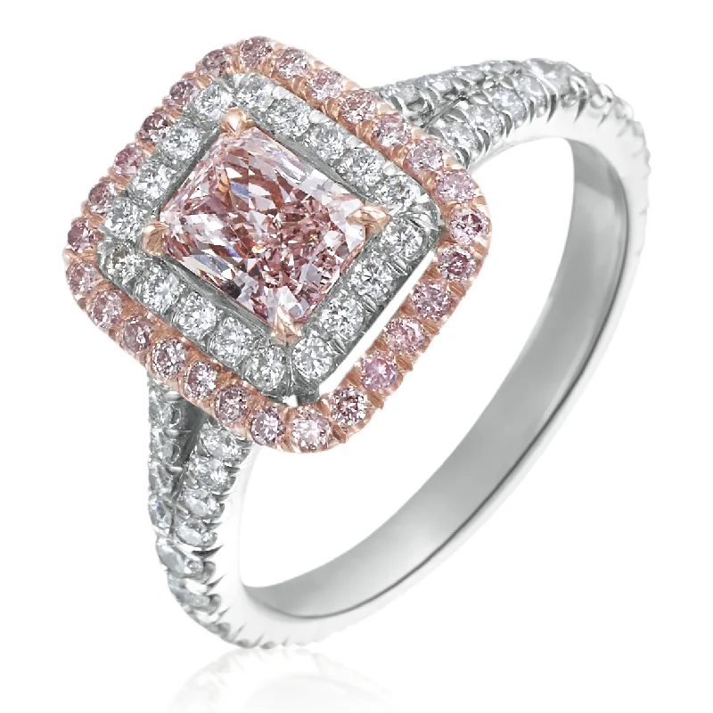 Men's Diamond Rings-Fancy Pink Rectangle .76 Carat GIA Diamond Double Halo Platinum & 14K Engagement Ring