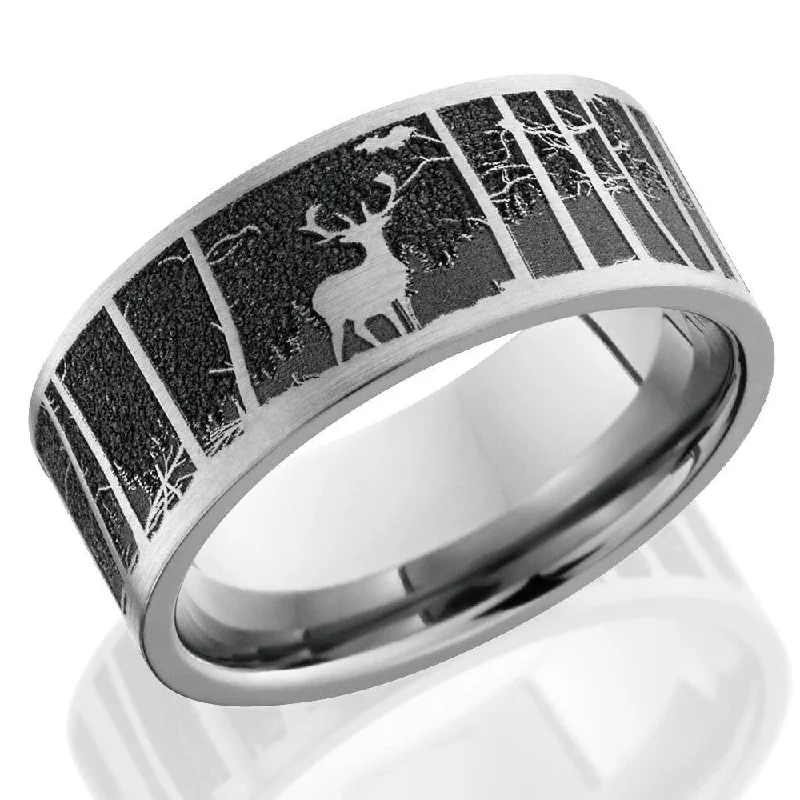 Cushion Cut Rings-Lashbrook 9mm Titanium Men's Flat Wedding Band Ring with Elk in Mountains Pattern