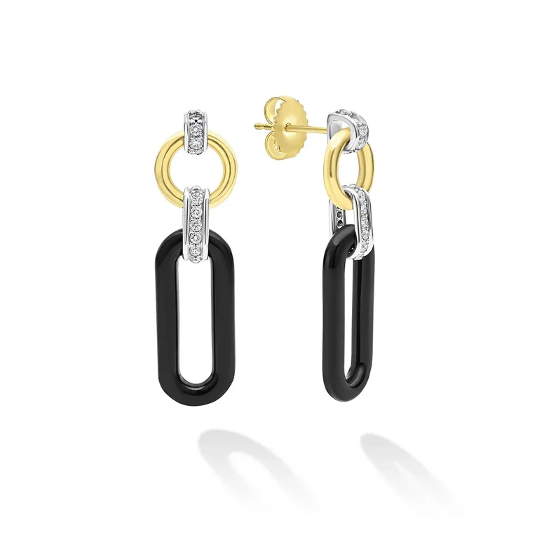 Trendy Gold Earrings-Caviar Black Ceramic and Diamond 32x9mm Oval Link Drop Earrings in Sterling Silver and 18K Yellow Gold