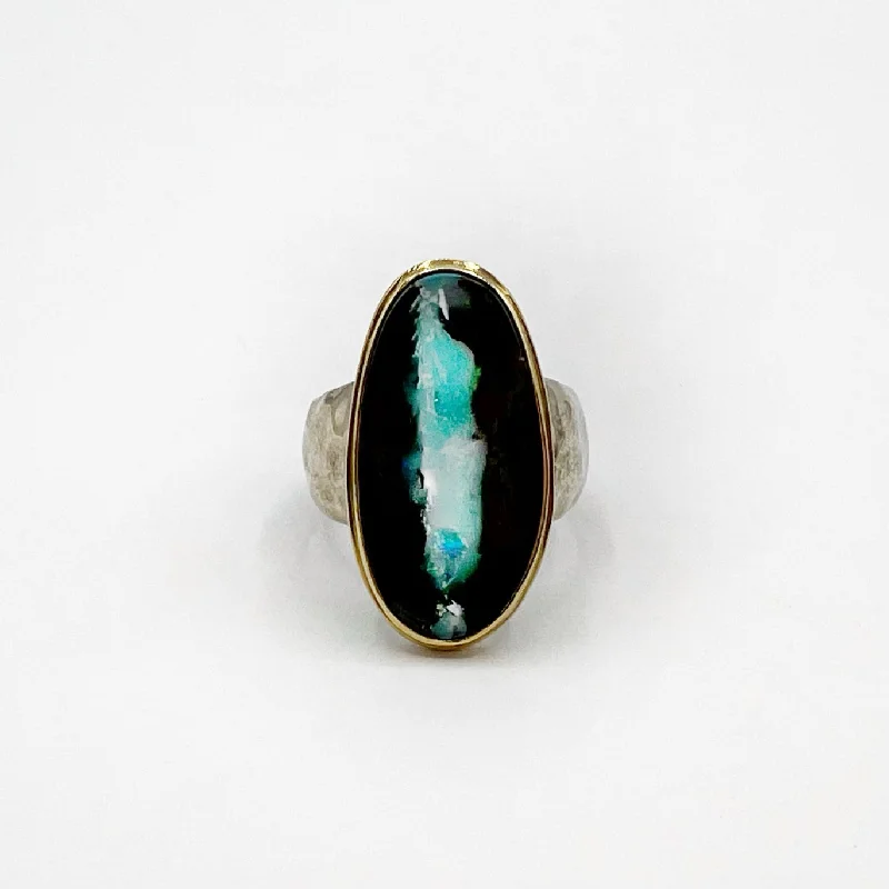 Wedding Ring Sets for Couples-Large Oval Boulder Opal With Gold Bezel & Sterling Silver Ring