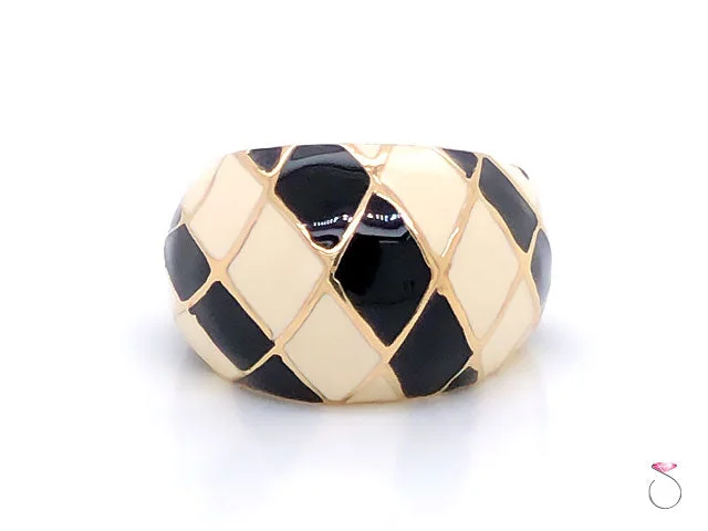 Pear-Shaped Rings-Vintage Designer MAZ Large Black and White Enamel Ring in 14k Yellow Gold