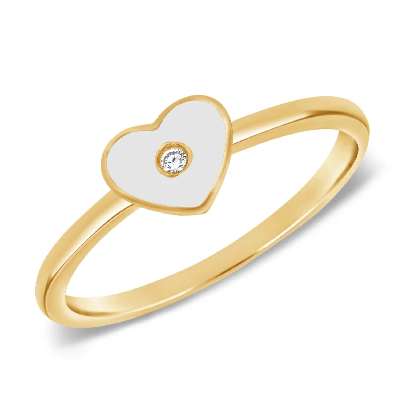 Classic Engagement Rings-White Enamel & Brilliant Round Diamond Heart Shaped Ring in 14kt Yellow Gold