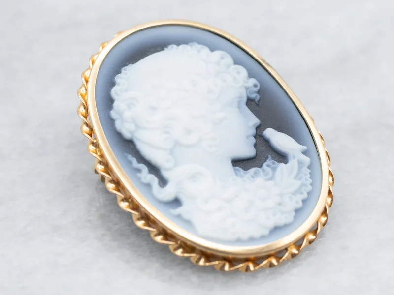 Oval Brooch-Yellow Gold Onyx Lady and Bird Cameo Brooch or Pendant with Twisted Frame