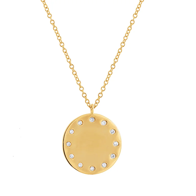 Adjustable Necklaces-14K Yellow Gold Diamond Engravable Polished Disc Pendant