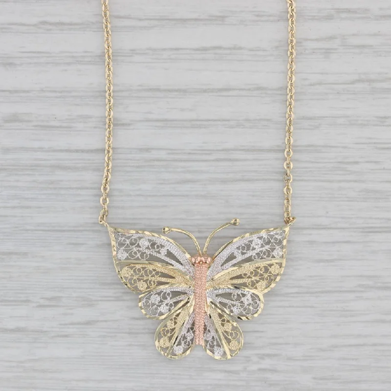 Contemporary Necklaces-Filigree Butterfly Pendant Necklace 10k Yellow Rose White Gold 17" Cable Chain