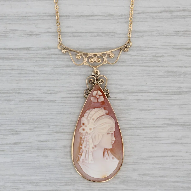 Personalized Gemstone Necklaces-Carved Shell Cameo Teardrop Pendant Necklace 14k Yellow Gold 16.5" Cable Chain