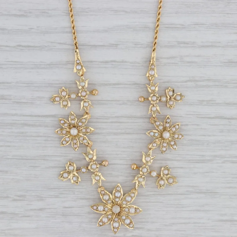 Luxury Necklaces-Seed Pearls Flower Necklace 15k Gold 15.75" Rope Chain Vintage Floral Jewelry