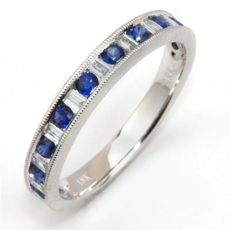 Animal Rings-Sapphire & Diamond Baguette Channel Set Wedding Band Ring 18K White Gold