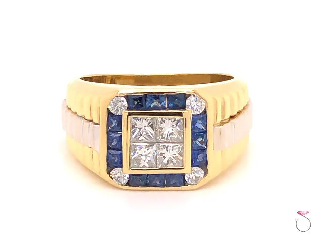 Luxury Diamond Rings-Mens Ring Diamond and Sapphire Rolex styled 2 Tone Ring in 18k Yellow Gold