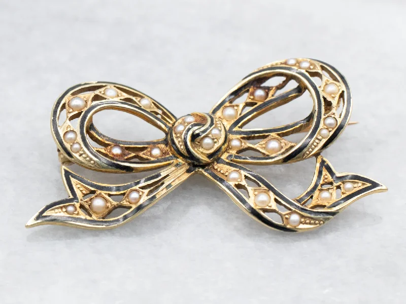 Gold Brooch Pin for Women-Yellow Gold Enamel and Seed Pearl Bow Brooch