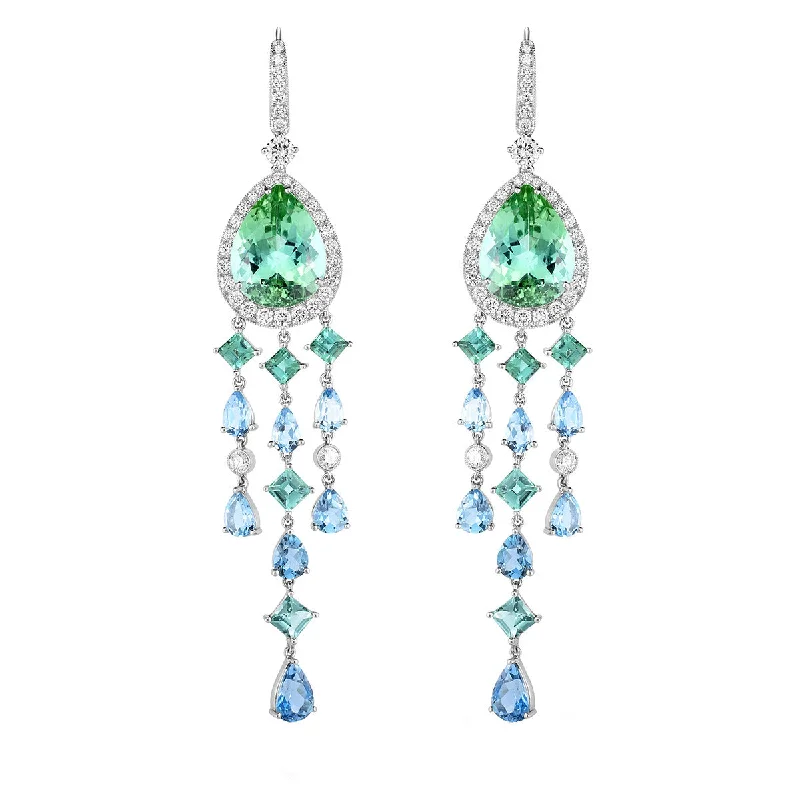 Birthday Earrings-Tourmaline, Aquamarine and Diamond Drop Earrings