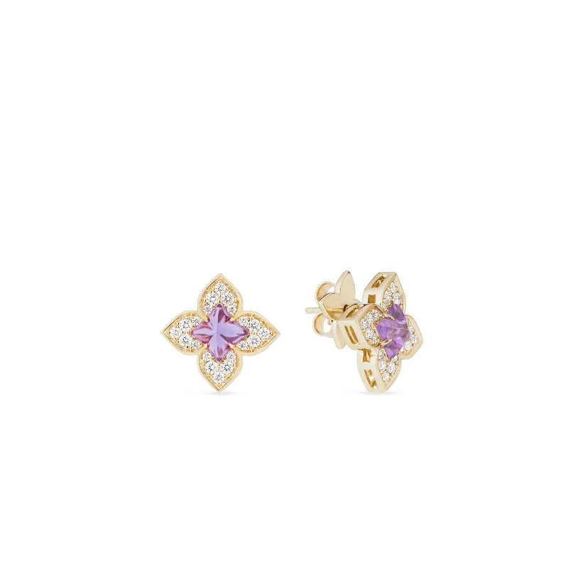 Bridal Earrings-Venetian Princess 0.38Ct Diamond and 0.85Ct Amethyst Floral Stud Earrings in 18k Rose Gold