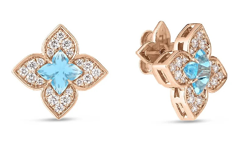 Boho Earrings-Venetian Princess 0.38Ct Diamond and 0.85Ct Blue Topaz Floral Stud Earrings in 18k Rose Gold