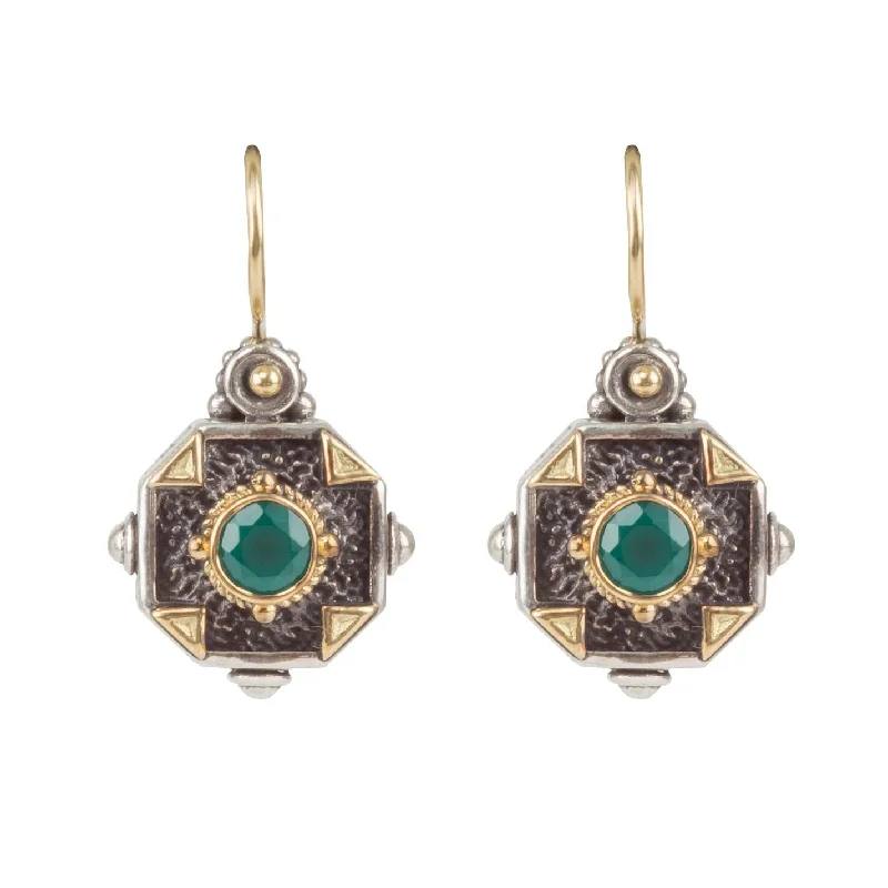 Geometric Stud Earrings-Sterling Silver and 18K Gold Green Agate Earrings