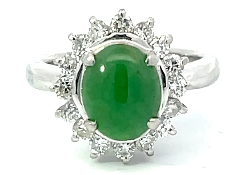 Birthstone Rings-Oval Green Jadeite Jade Diamond Halo Ring in Platinum