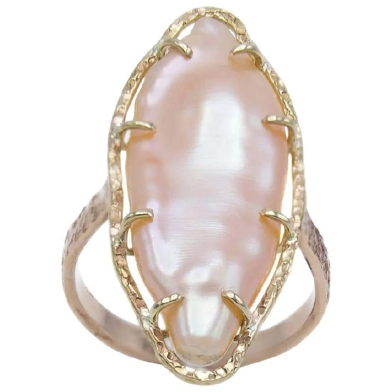 Claddagh Rings-Peach Freshwater Pearl Two Color Gold Ring