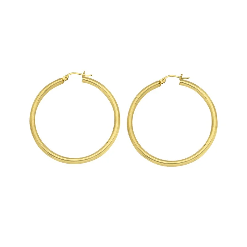 Chain Earrings-Round Tube Polished Hoop Earrings in 14K Yellow Gold, 3x25mm