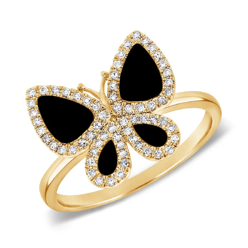 Wedding Ring Sets for Couples-Black Agate Butterfly Ring with Diamonds