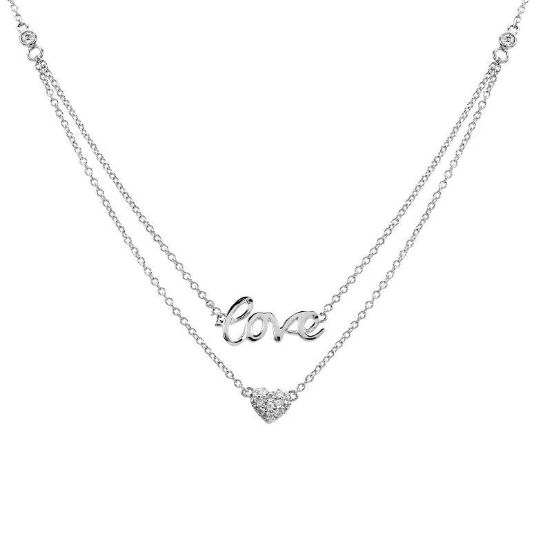 Pendant Necklaces-14K White Gold Layered Diamond Love + Heart Necklace