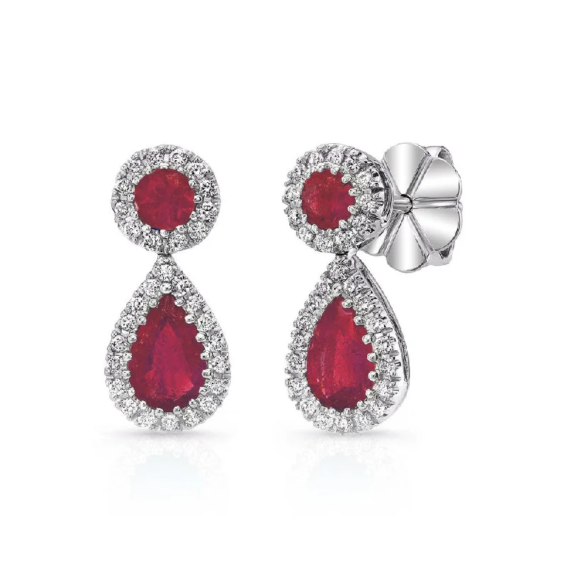 Elegant Stud Earrings-60 0.25ct Round Diamonds and 4 1.35ct Rubies Drop Earrings in 14K White Gold