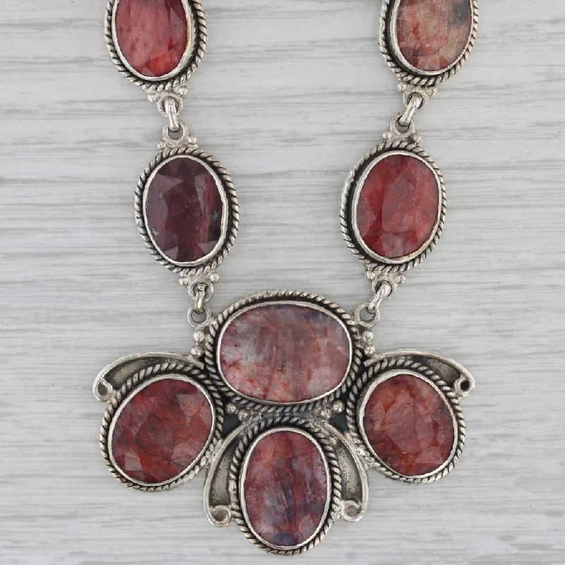 Round Necklaces-Red Stone Corundum Bib Statement Necklace Sterling Silver 18.5" Southwestern