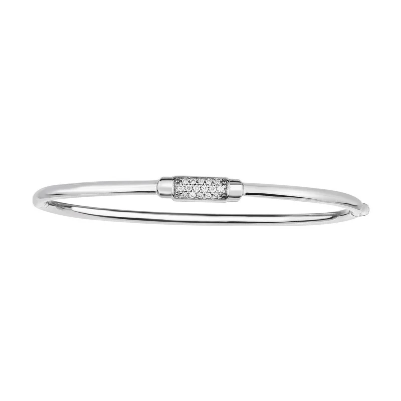 Wooden Bangles-14kt 7" White Gold Shiny Domed Bangle with Center Element with 0.14ct. Diamond with Box Clasp AUWBG1100-07