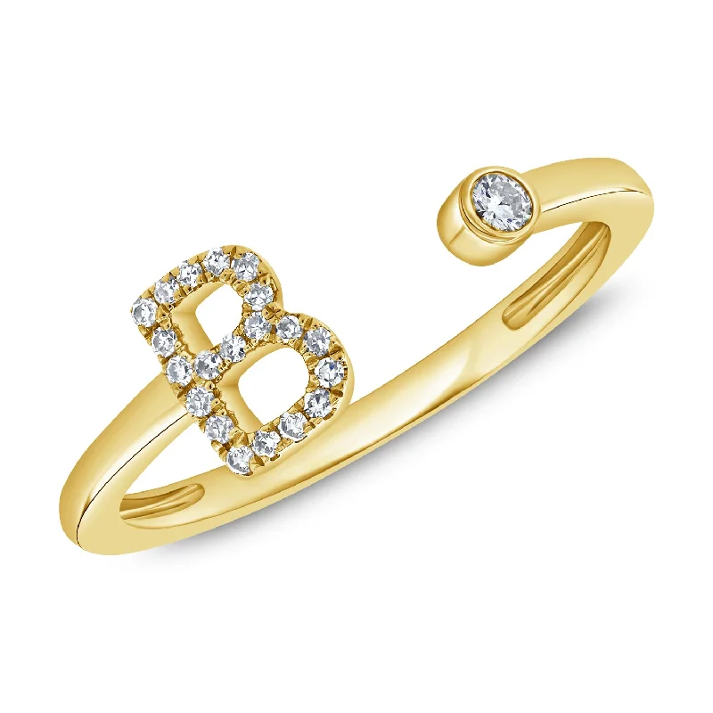 Birthstone Engagement Rings-Diamond 'B' Initial Open Ring with Bezel Accent in 14K Gold