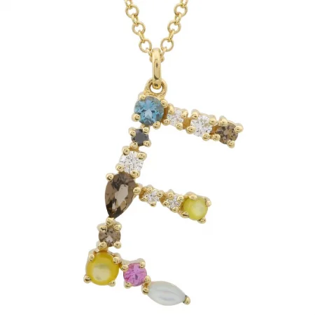 Classic Diamond Necklaces-14K Yellow Gold Multi Color Stones Initial "E" Necklace