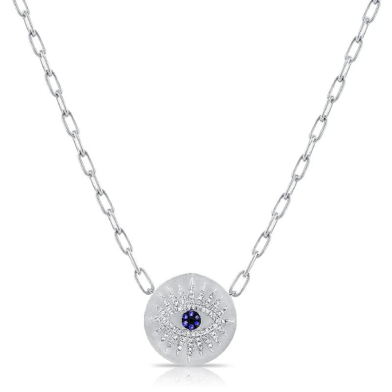 Sapphire Necklaces-14K White Gold Diamond + Blue Sapphire Evil Eye Necklace