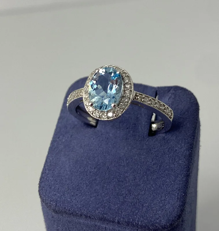 Baguette Rings-White Gold Oval-Shape Natural Aquamarine and Diamond Ring