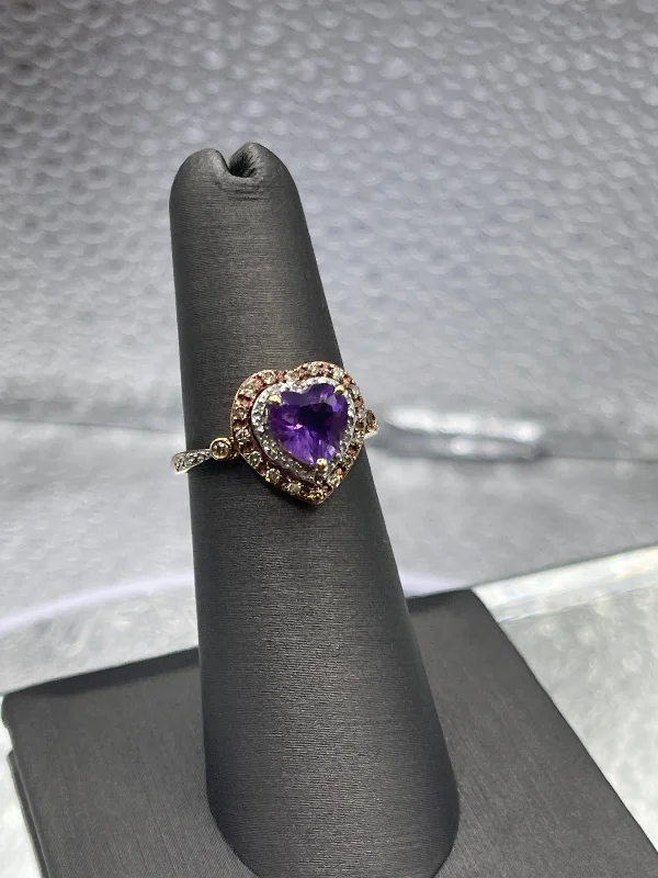 Marquise Cut Rings-Ladies 14 Karat Yellow Gold Heart Shaped Amethyst & Double Diamond Halo Ring