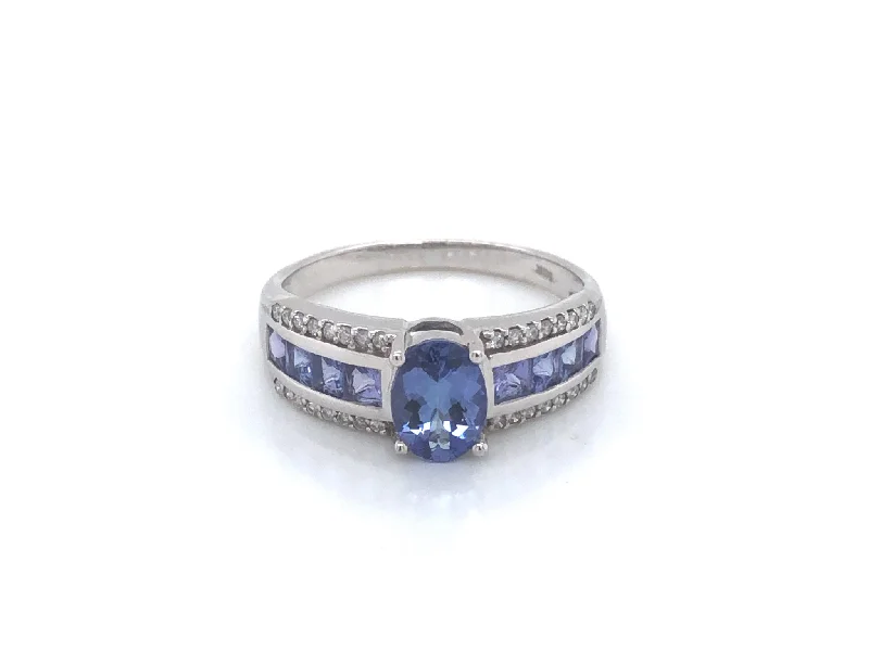 Geometric Rings-Purple Blue Tanzanite and Diamond Ring-14k White Gold