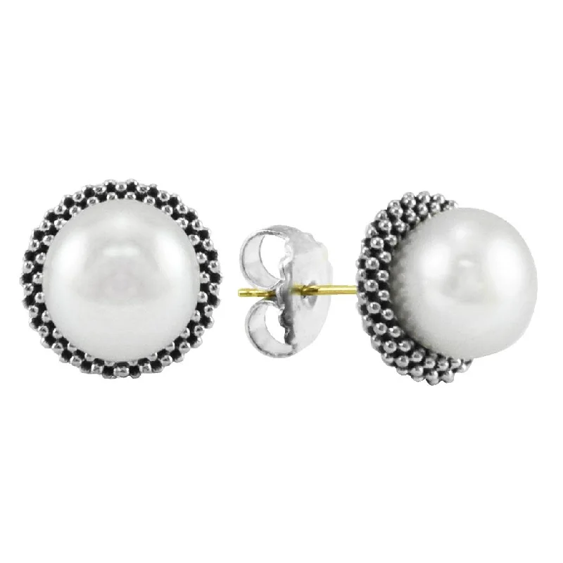 Mixed Gemstone Earrings-8mm Pearl Luna Stud Earrings in Sterling Silver